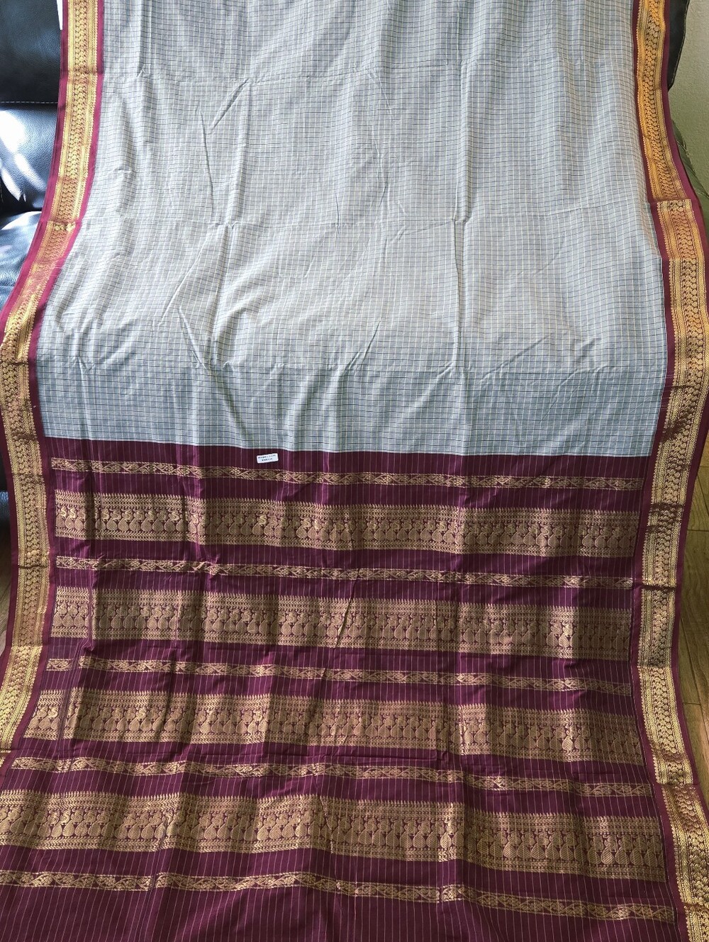 Beautiful New SilverGrey color Cotton Gadwal Sari w/ Maroon GoldZari Border & BP